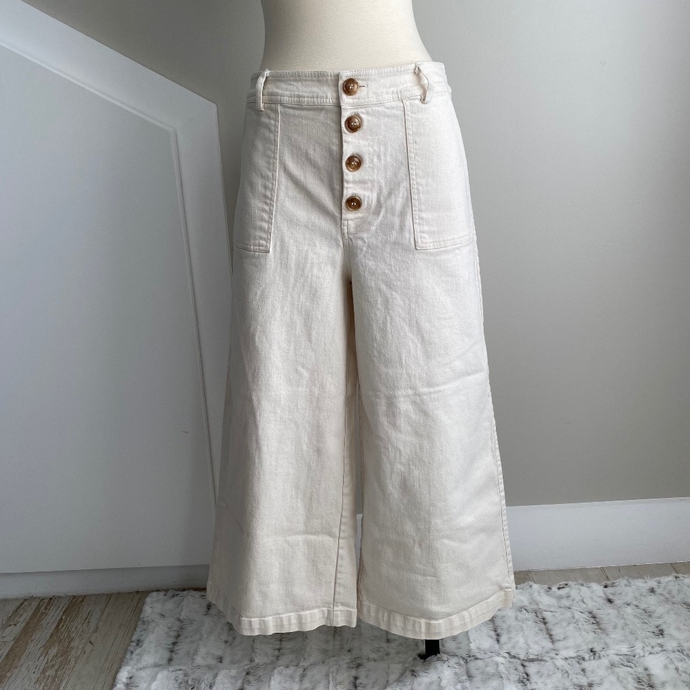 Alya Canvas Button Front Wide Leg Crop Pants in Natural - Size L